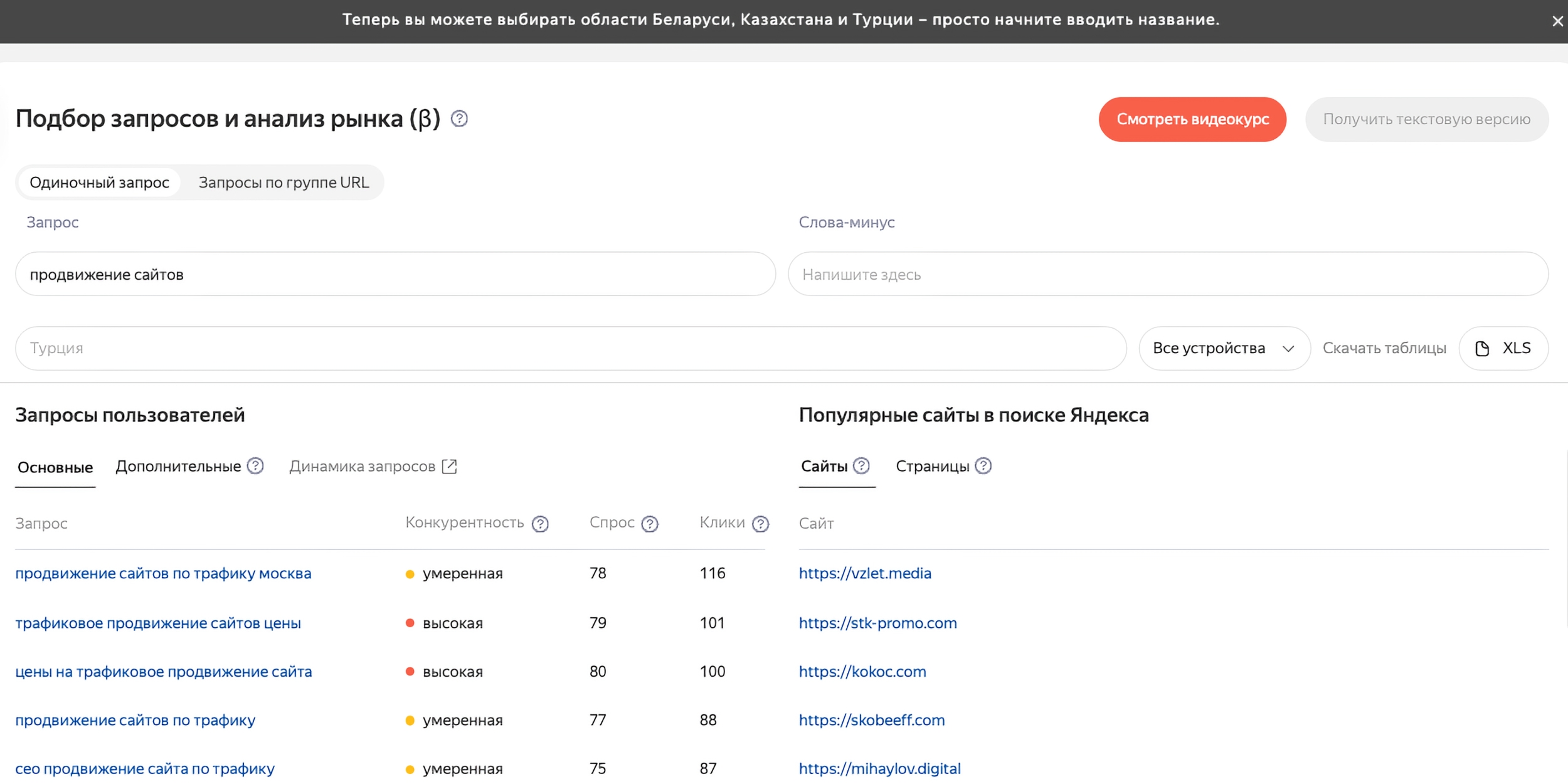 Яндекс Вебмастер расширил инструмент подбора запросов анализом для Беларуси, Казахстана и Турции